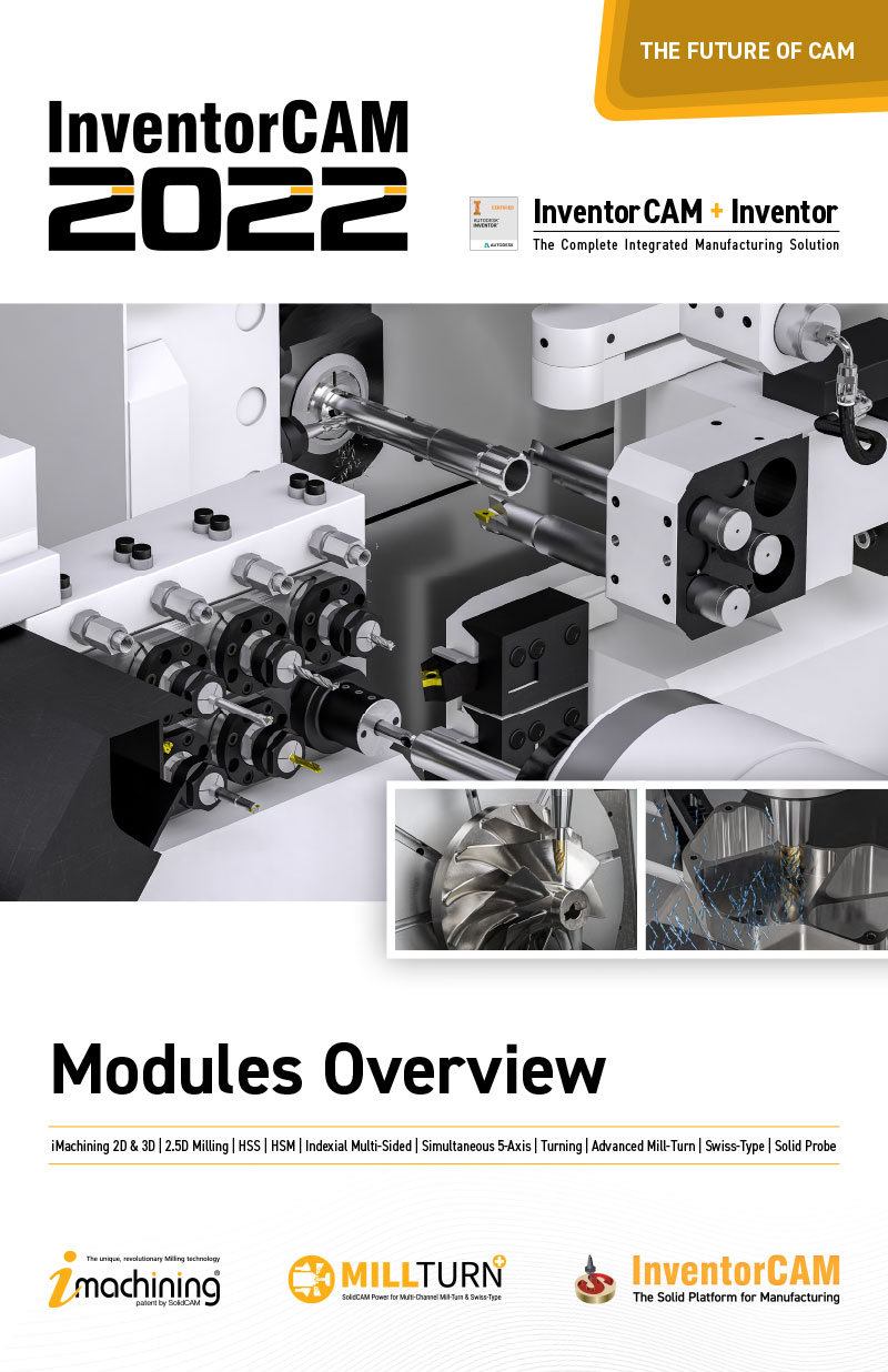 This manual contains getting started examples for iMachining 2D, 2.5D Milling, High Speed Surface Machining (HSS), High Speed Machining (HSR/HSM), Indexial 4- and 5-Axis Machining, Sim. 5-Axis Machining, Turning and Mill-Turn for InventorCAM 2022, integrated in Autodesk Inventor.