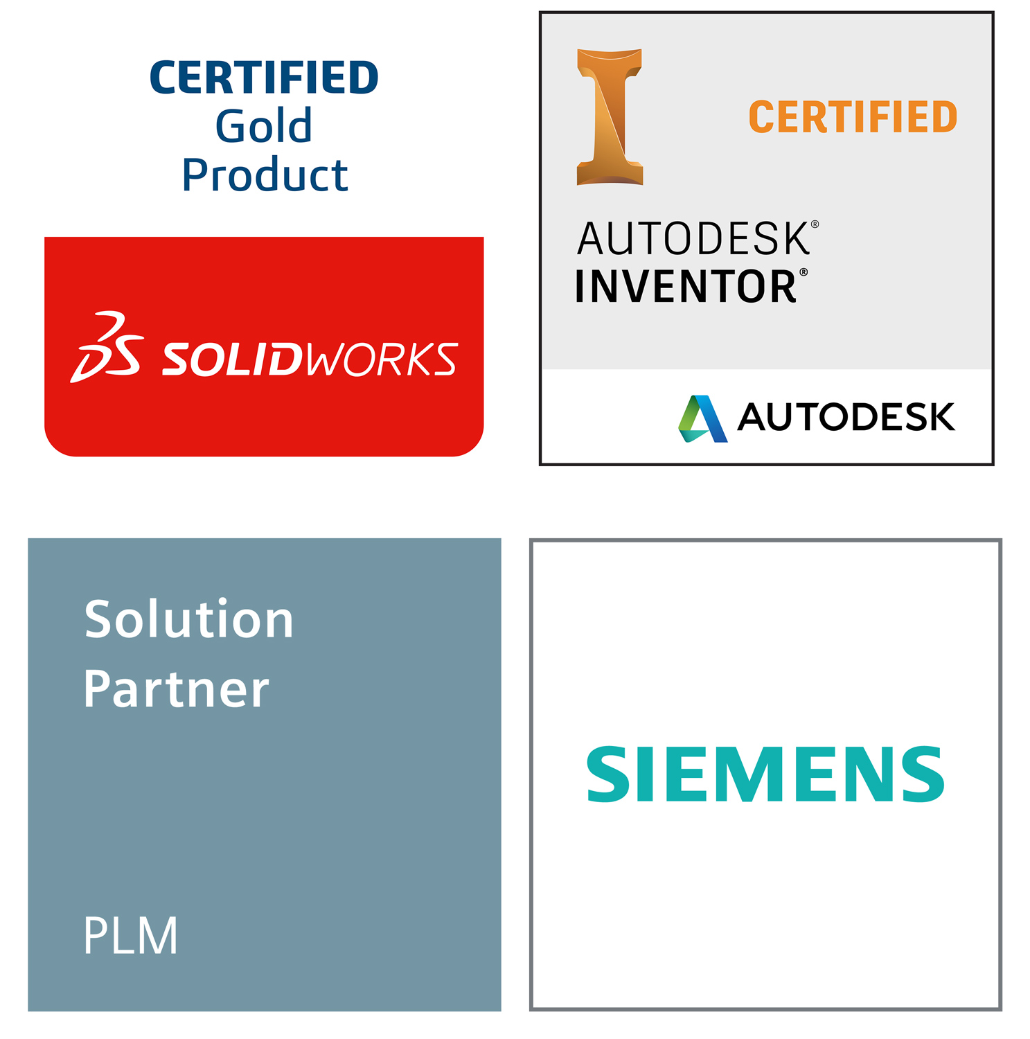 SolidWorks Certified Gold Partner badge, Autodesk Inventor certified badge, Siemens solution partner badge