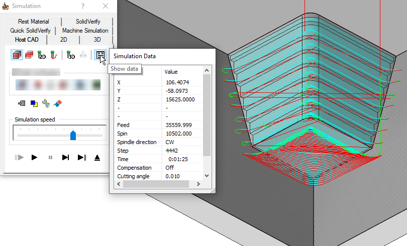 iMachining 3D simulation dialog options.