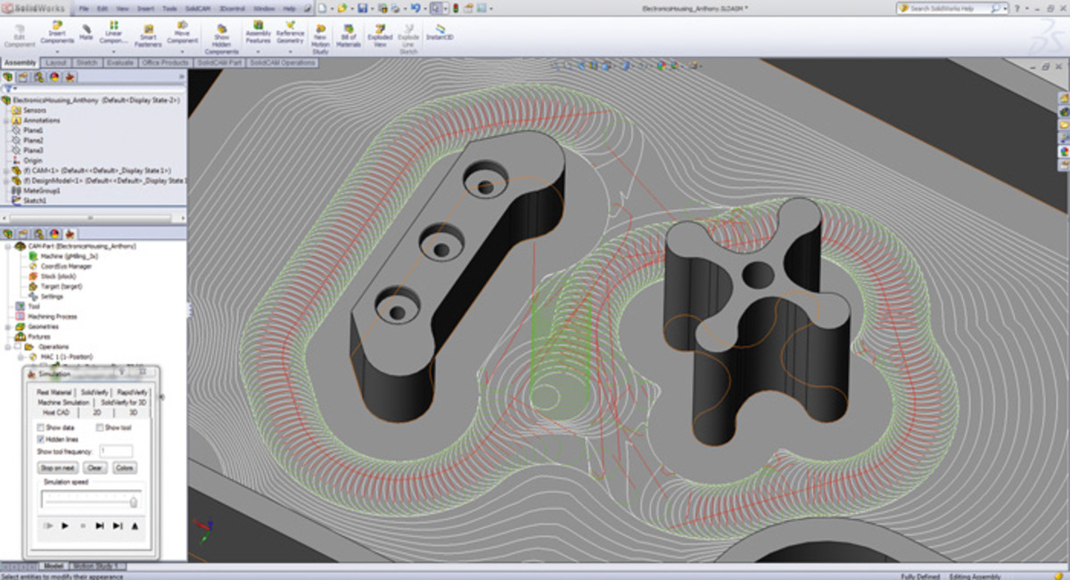 SolidCAM screenshot showing patented iMachining moating tool path CNC milling technology
