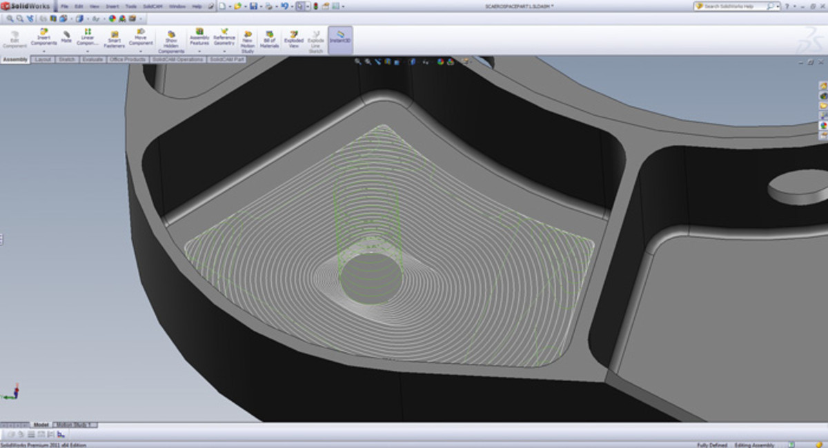 Software screenshot showing example of patented iMachining morphing spiral tool path for CNC machining and milling