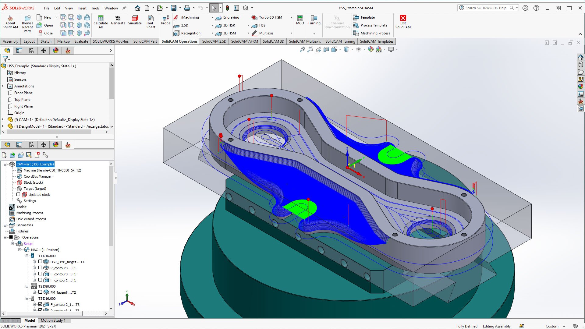 SolidCAM screen shot showing CAD model with toolpaths