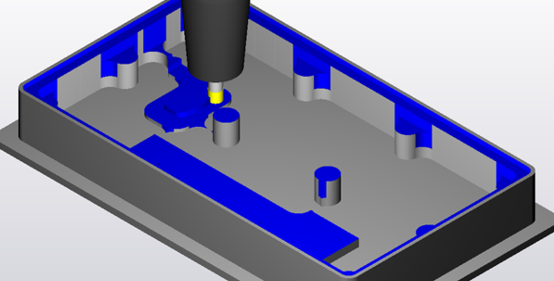 iMachining 3D adjusts the tool path to avoid contact between the tool holder and the updated stock model.