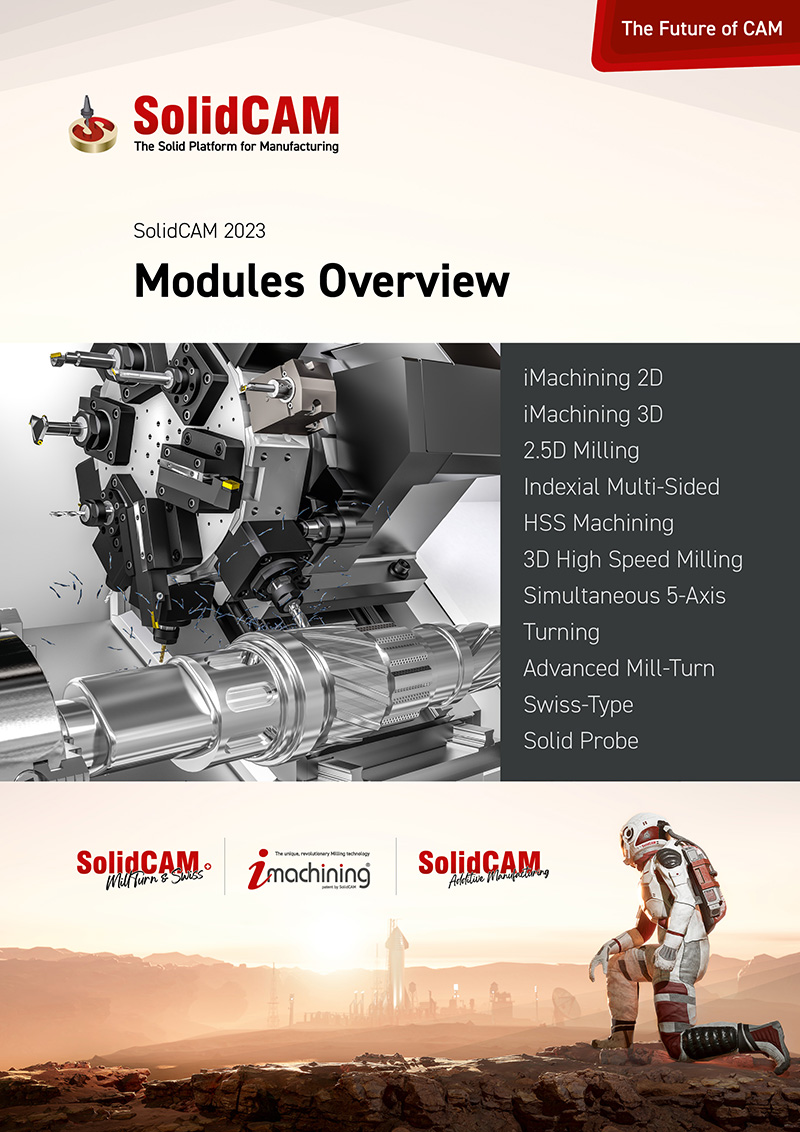 This manual provides an overview of iMachining 2D and 3D, 2.5D Milling, Indexial 4- and 5-Axis Machining, HSS Machining, 3D High Speed Milling, Simultaneous 5-Axis Machining, Turning, Mill-Turn and Swiss-Type, and Solid Probe for SolidCAM 2023, integrated in SOLIDWORKS.