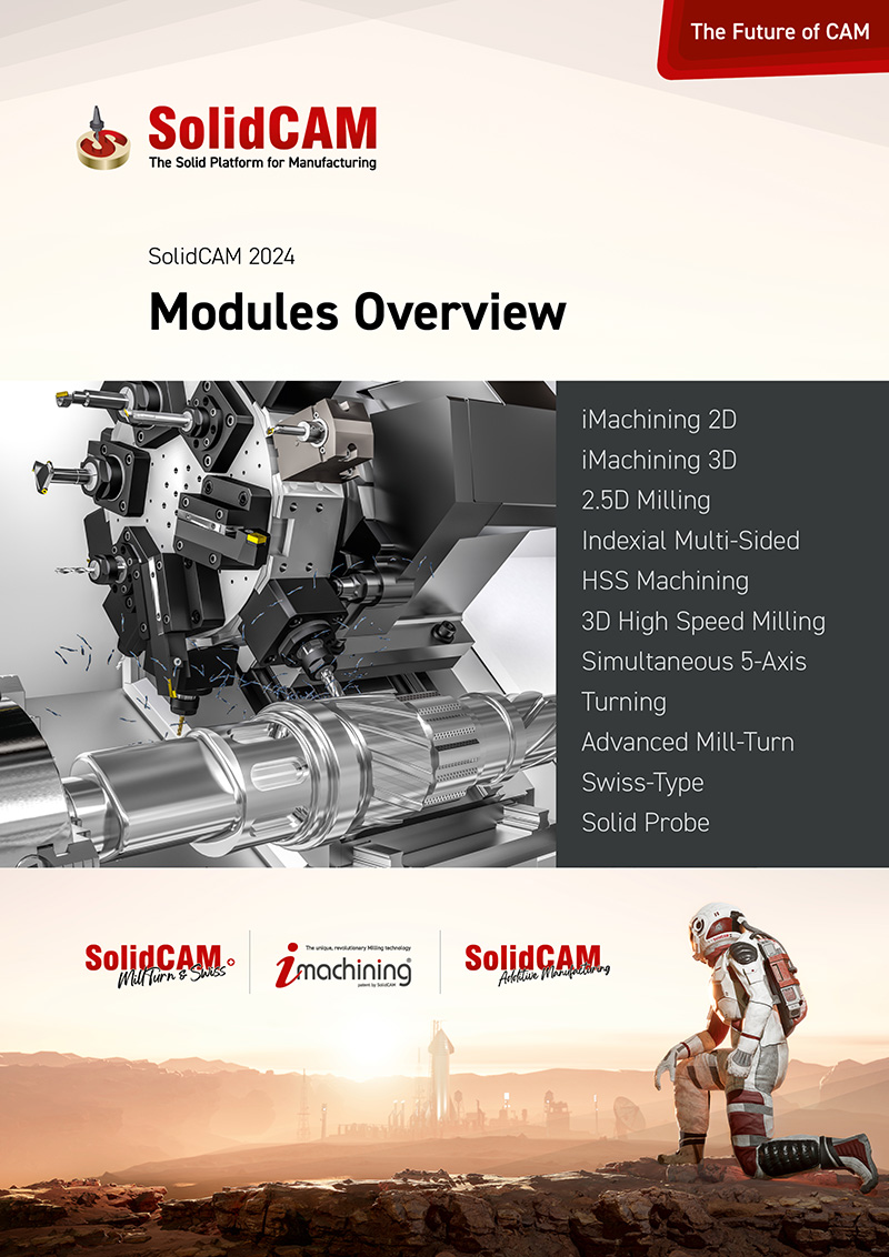 Overview and Getting Started examples of iMachining 2D & iMachining 3D, 2.5D Milling, AFRM, Indexial 4/5-Axis Milling, HSS Machining, 3D High Speed Milling, Pro HSR & Pro HSM, Simultaneous 5X Milling, Turning, Mill-Turn & Swiss, and Solid Probe for SolidCAM 2024 integrated in SOLIDWORKS